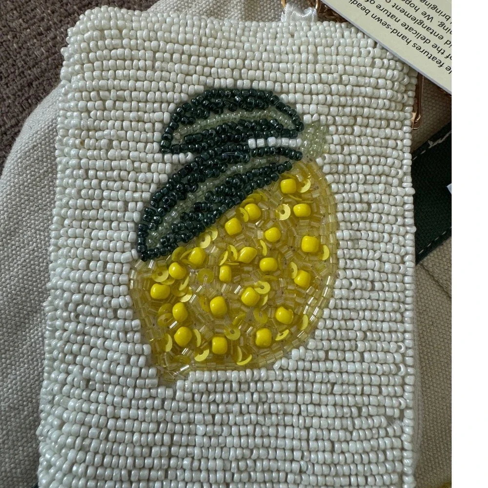 Viral‎ Beaded Farm Market Lemon Canvas Small Tote Green Base Assorted Bead Pouch